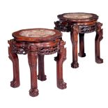 Two Chinese hardwood bases with a marble plaque, H 46 cm