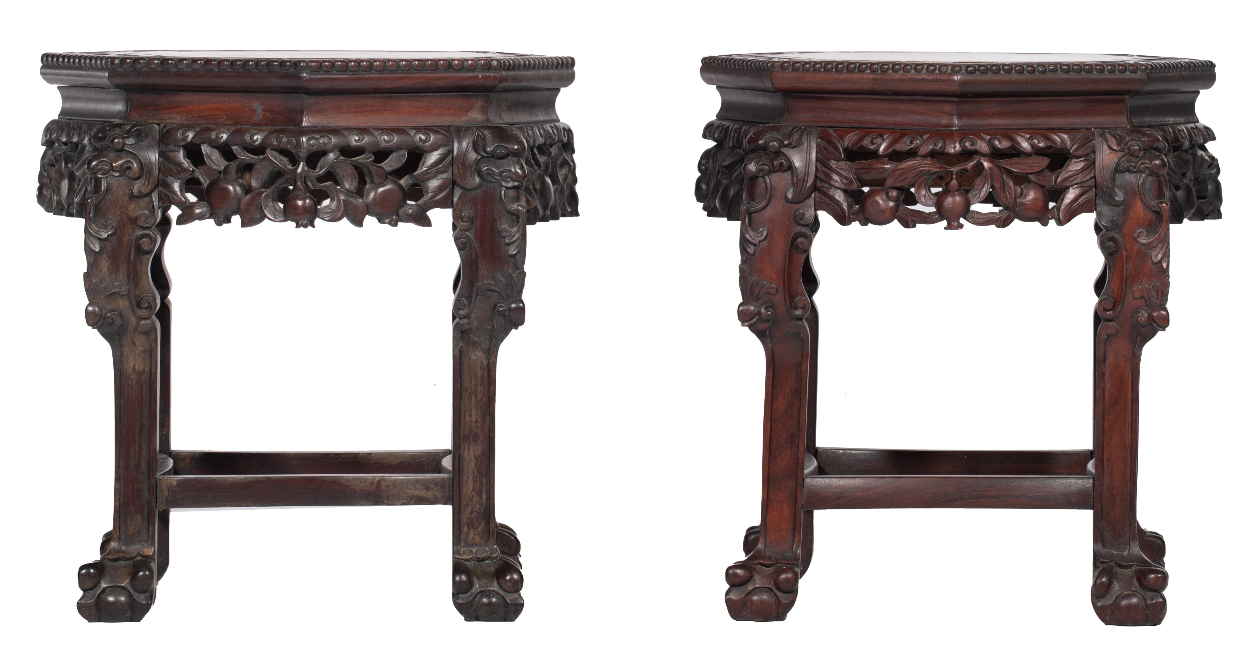 Two Chinese octagonal hardwood bases with a marble plaque, H 47,5 cm - Image 3 of 7