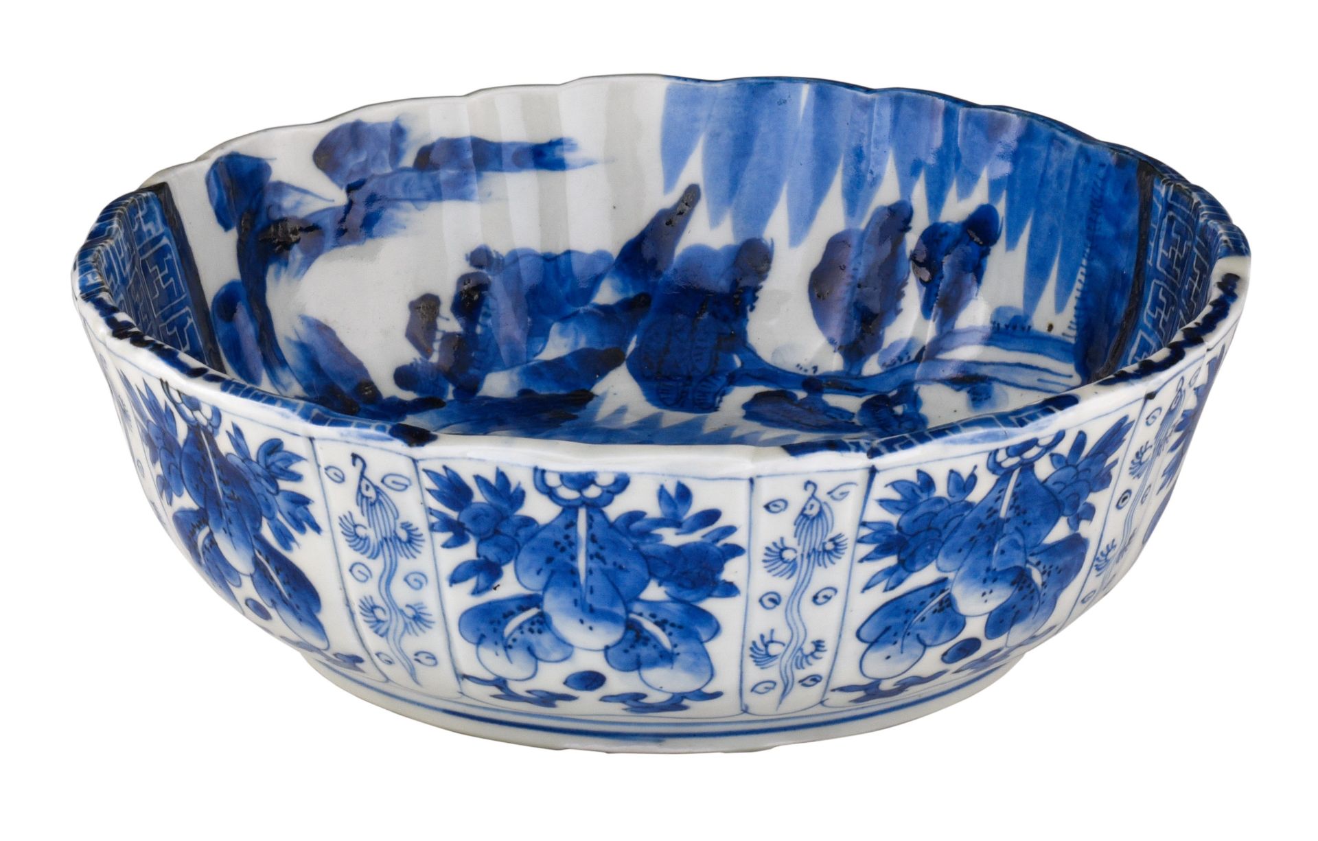 A Japanese Arita blue and white ribbed bowl, late Edo, ø 27 - H 9 cm
