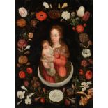Garland of Flowers with Madonna and Child, on the crescent moon, 17thC, oil on panel, 23 x 30,5 cm