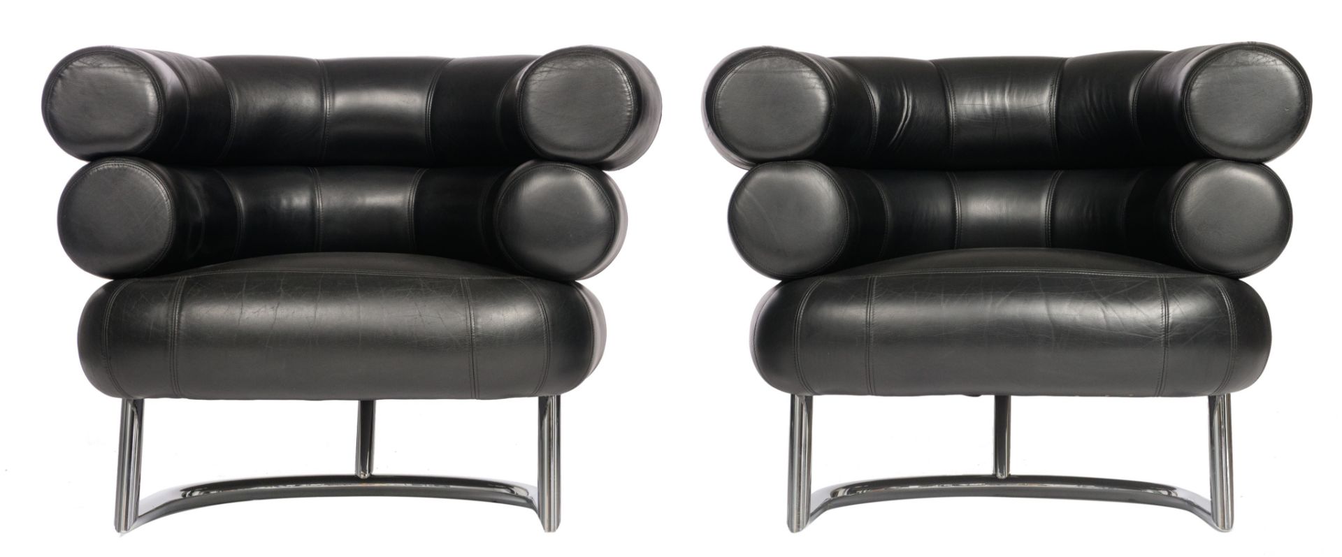 A pair of vintage 'Bibendum chair', designed by Eileen Grey in 1921, H 70 - W 92 cm - Image 2 of 9