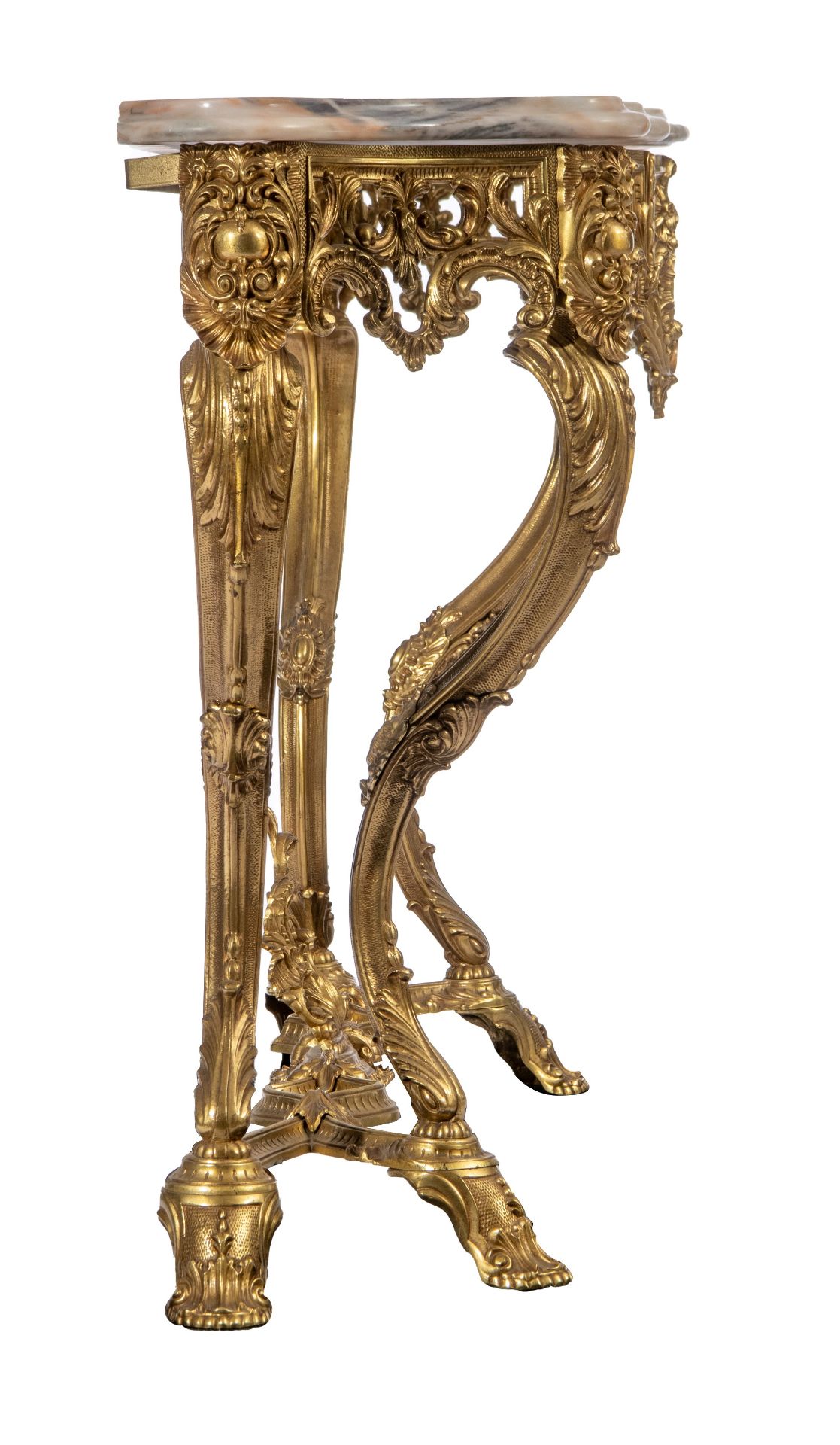 A large Rococo style gilt metal console table and mirror, H 125 - W 110 cm (the mirror) - H 85 - W 1 - Image 6 of 12