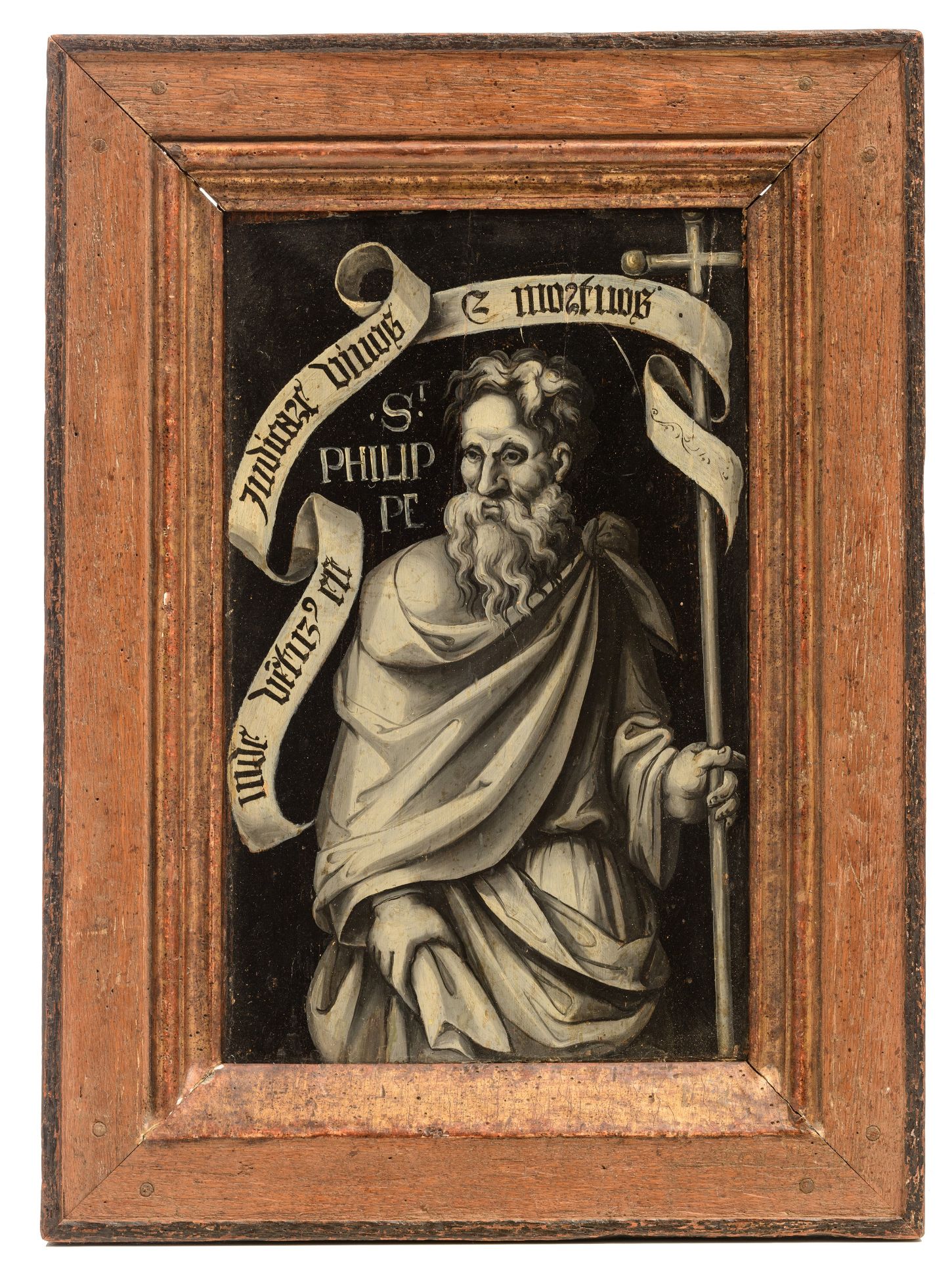 A grisaille painting of Philip the Apostle, late 16thC, oil on panel, 25 x 40 cm - Bild 2 aus 5