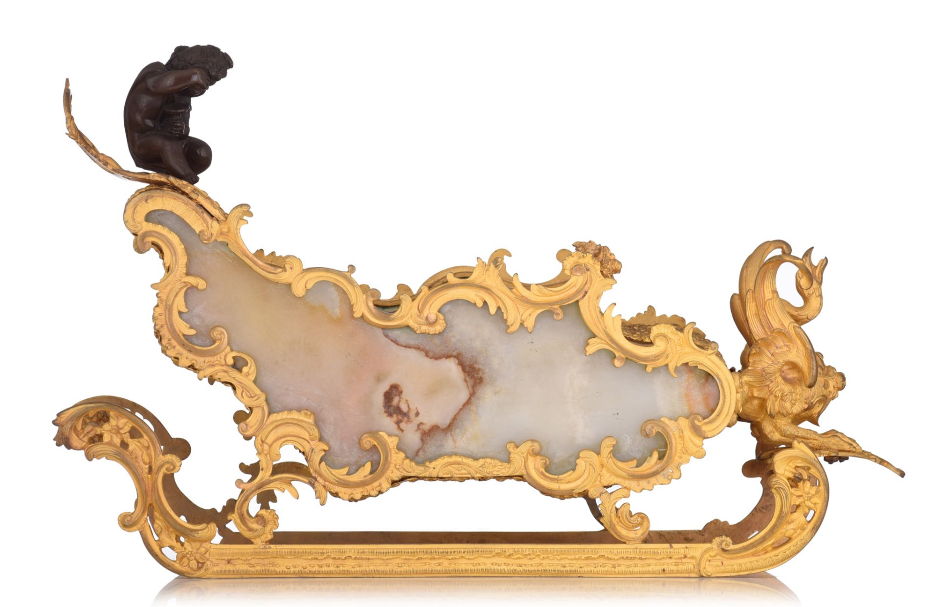 A fine gilt and patinated bronze Russian Rococo style miniature sledge, with onyx plaques, H 31 - W - Image 4 of 9
