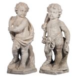 A pair of limestone figural garden sculptures depicting spring and autumn, 18thC, H 71 cm