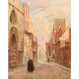 Rodolphe Wytsman (1860-1927), on old lady walking the 'Mariastraat' in Bruges, oil on canvas, 80 x 1