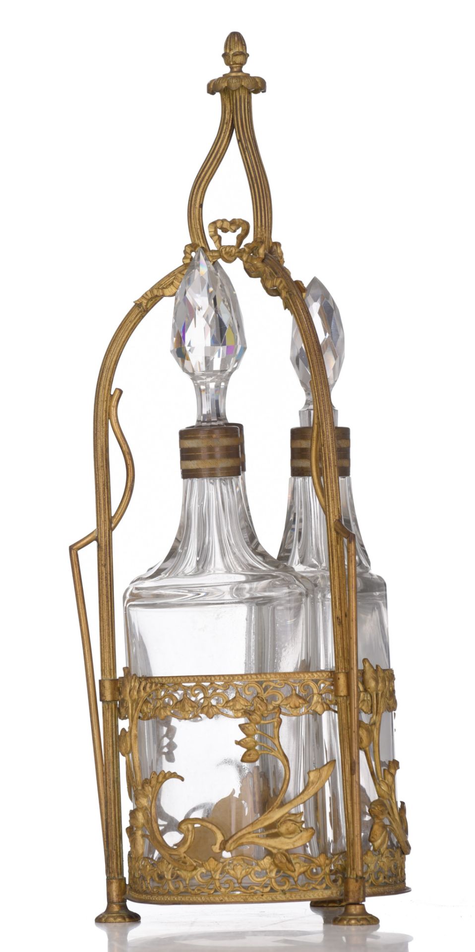 A fine Art Nouveau gilt brass cruet set with three cut glass carafes, H 43,5 cm - Image 4 of 5