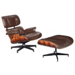 An Eames lounge chair with a matching ottoman, late 70s edition, marked Herman Miller, H 42,5 - 80 -