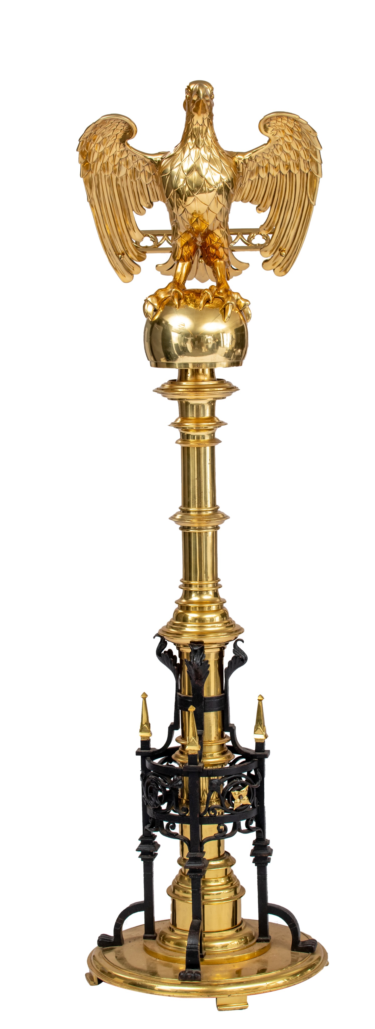 An English Gothic Revival church eagle lectern, brass and wrought iron, second half of the 19thC, H - Image 3 of 9