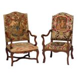 Two carved walnut Régence armchairs, H 120 - W 71 - H 116 - W 70 cm