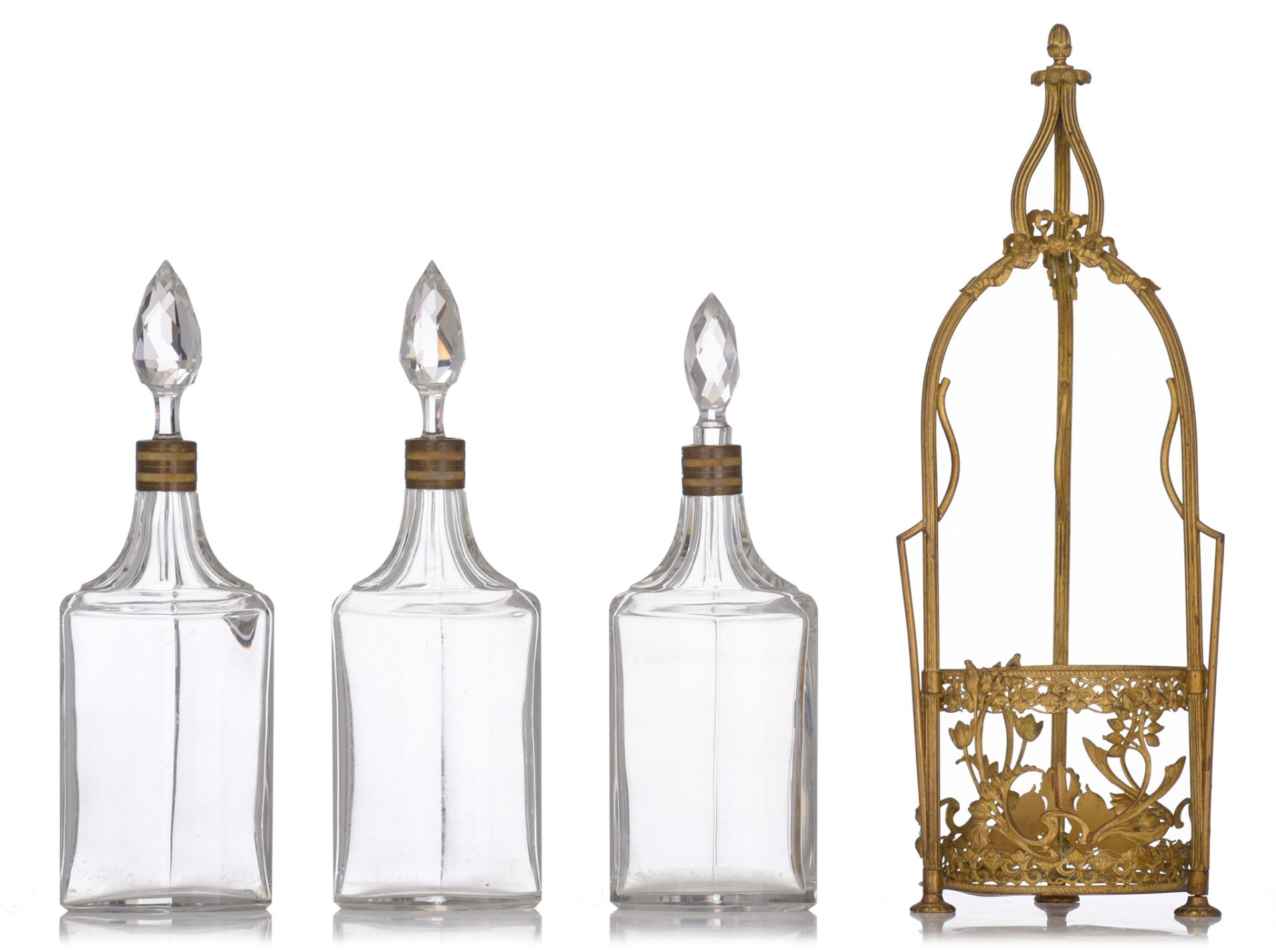 A fine Art Nouveau gilt brass cruet set with three cut glass carafes, H 43,5 cm - Image 5 of 5