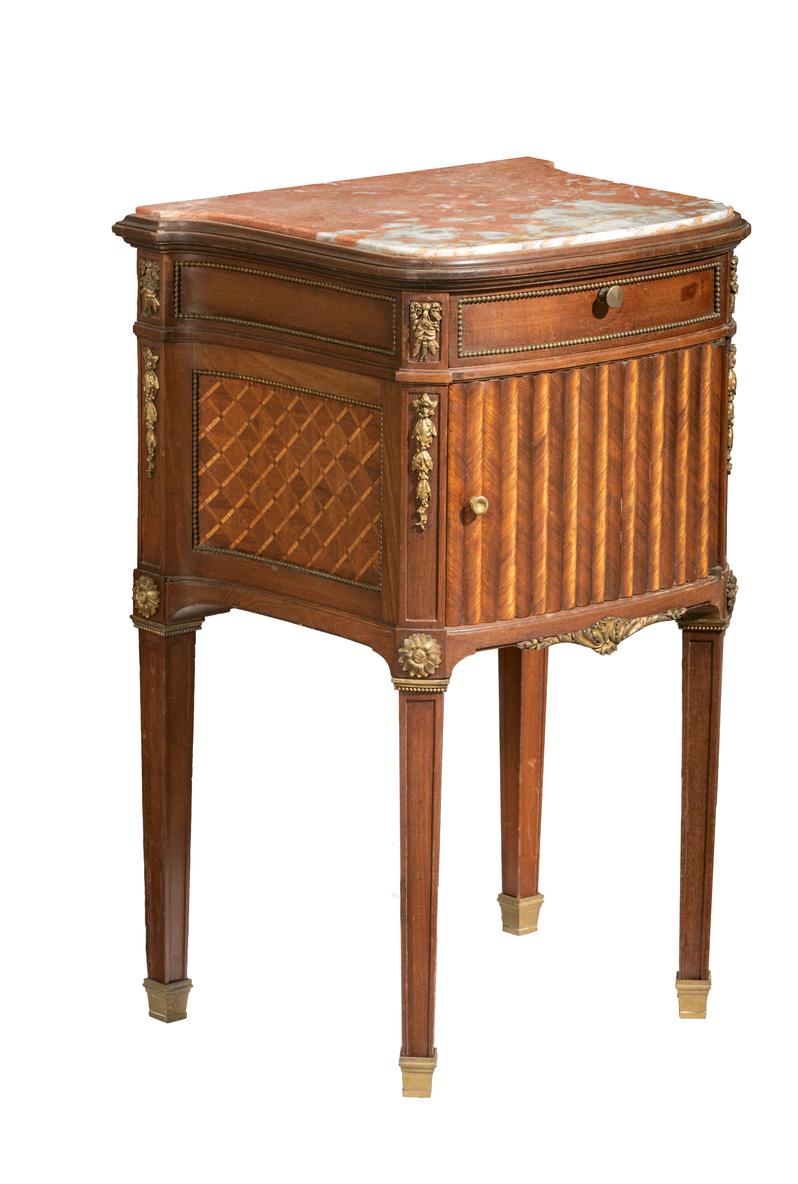 A Louis XVI style mahogany veneered occasional table, H 62 - W 41,5 - D 32 cm