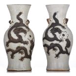 Two Chinese Nanking crackle-glazed stoneware 'Dragon' vases, 19thC, H 43 cm