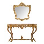 A large Rococo style gilt metal console table and mirror, H 125 - W 110 cm (the mirror) - H 85 - W 1