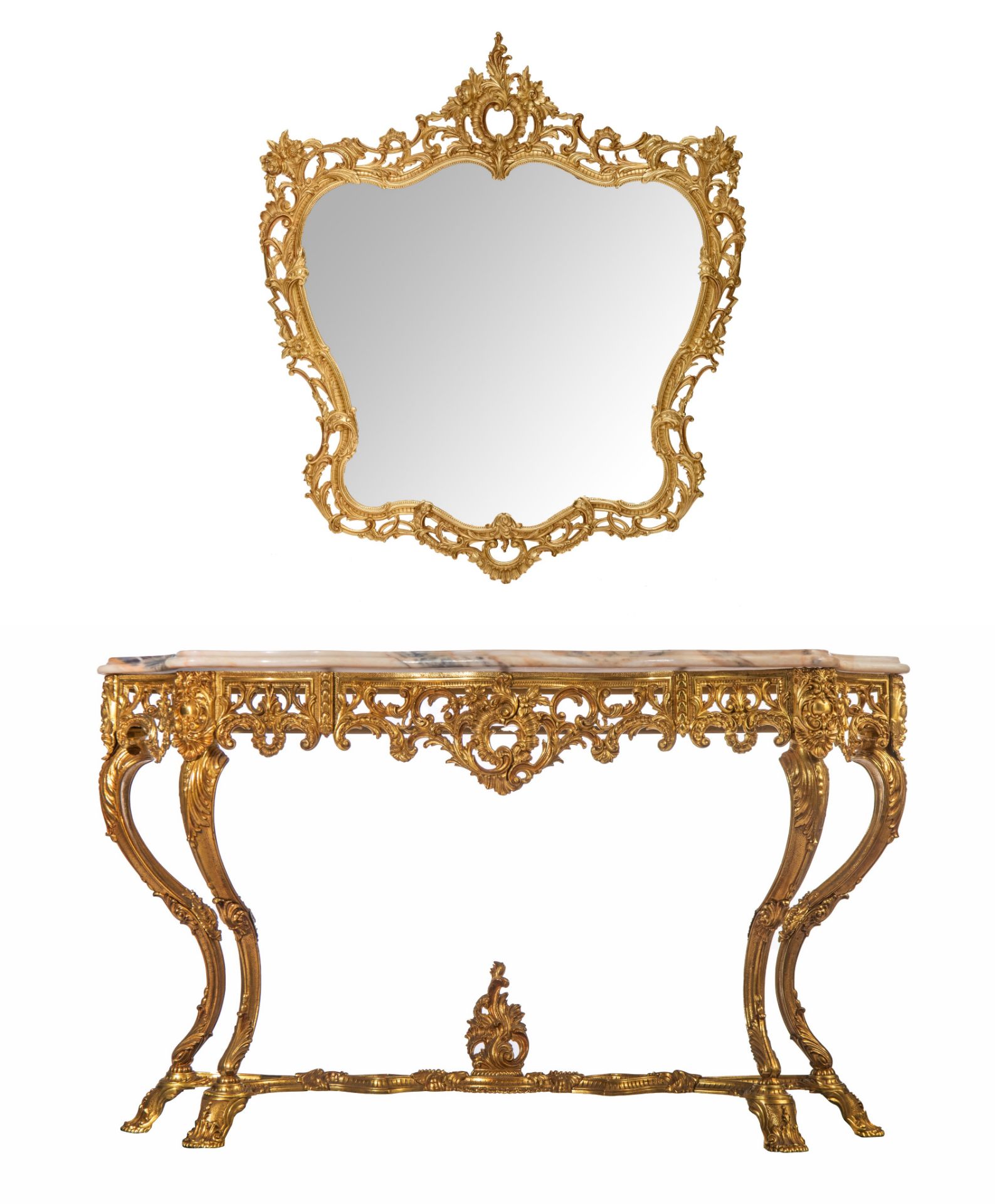 A large Rococo style gilt metal console table and mirror, H 125 - W 110 cm (the mirror) - H 85 - W 1