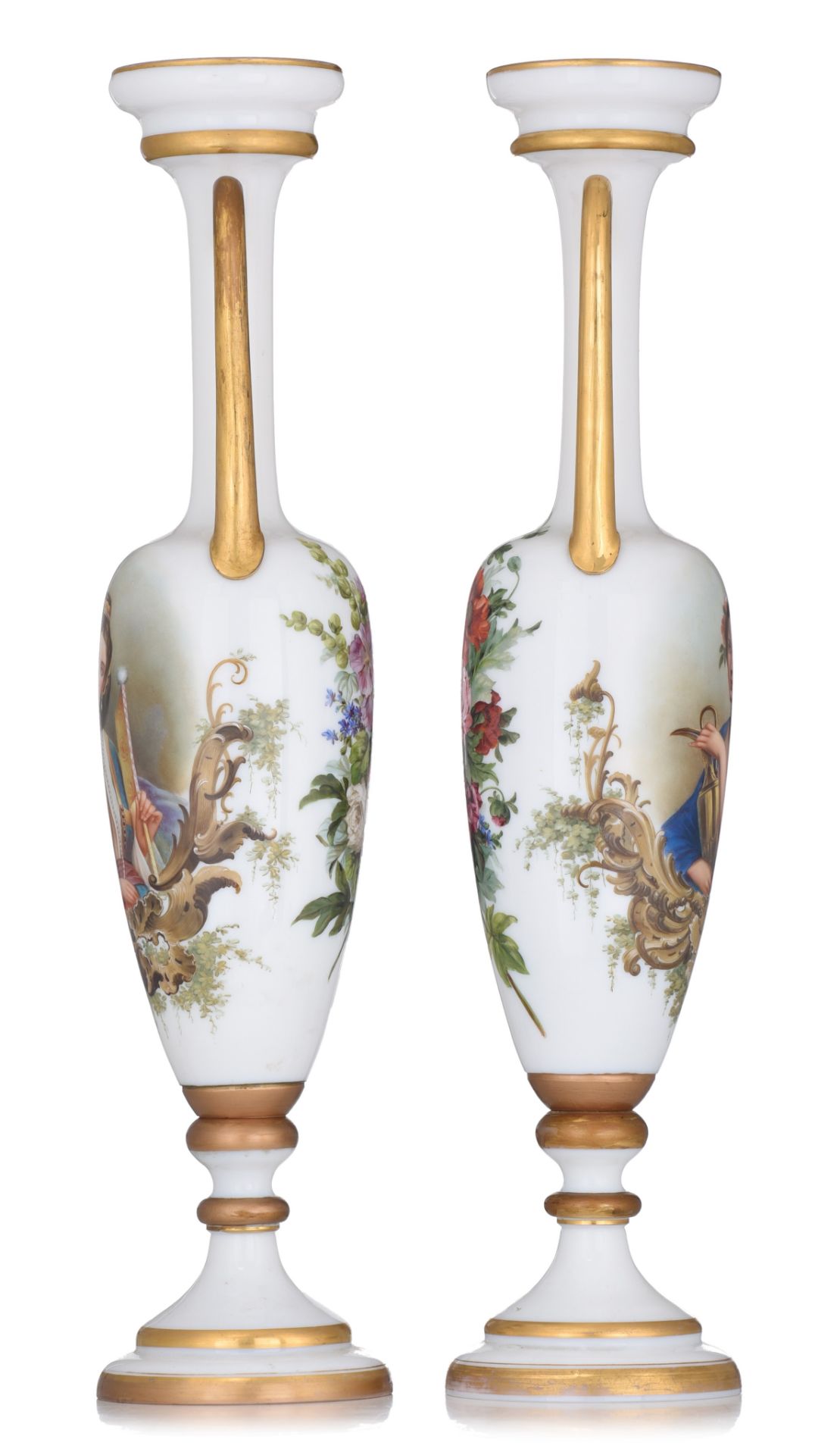 A fine pair of Neoclassical oblong opaline vases, polychrome and gilt decorated, H 65 cm - Image 4 of 8