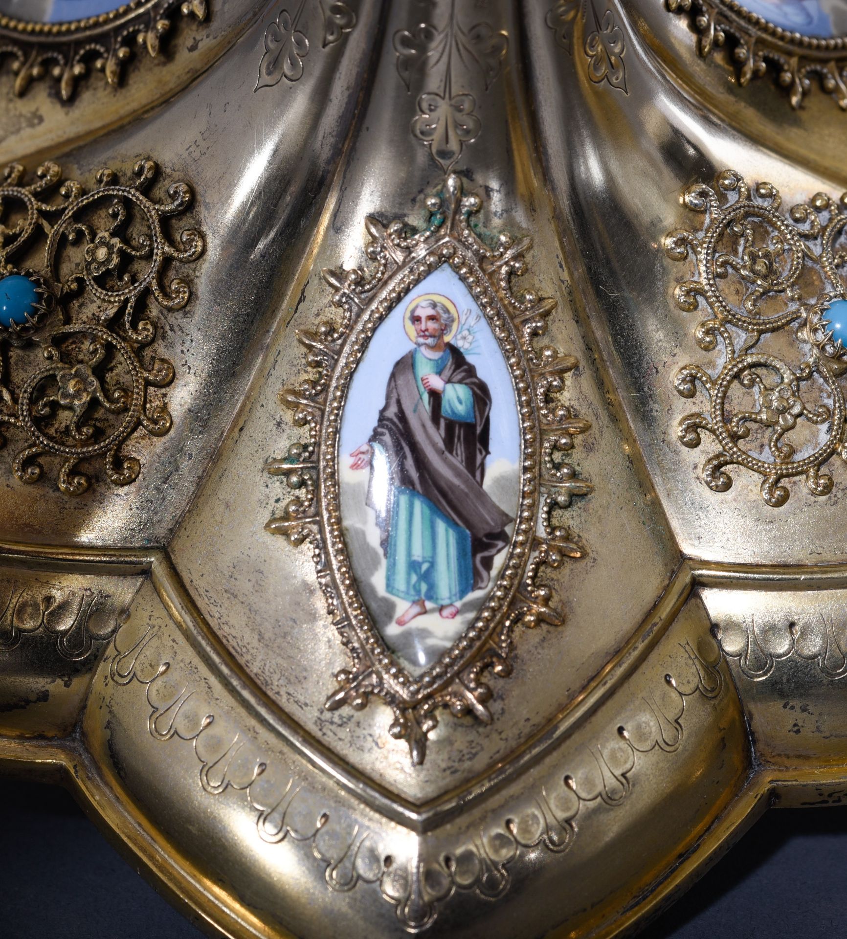 A French export silver and gilt silver chalice decorated with filigree work, H 31 cm - total weight - Image 6 of 24