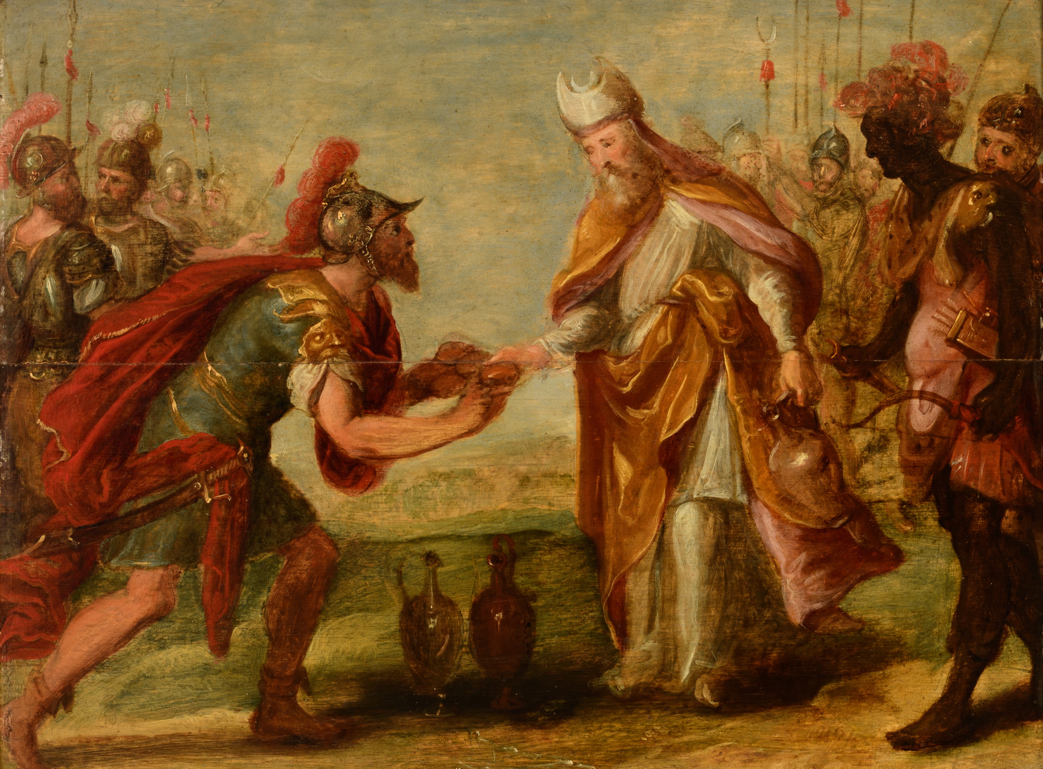 Antwerp School, 'Melchizedek and Abraham', 17thC, oil on panel, 48 x 64 cm