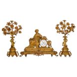 A large Neoclassical gilt bronze three-piece clock garniture, the dial signed 'Ad. Froucart, Bruxell