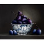 Ignace Bauwens, plums in a Chinese Xuande bowl, oil on panel, 80 x 100 cm