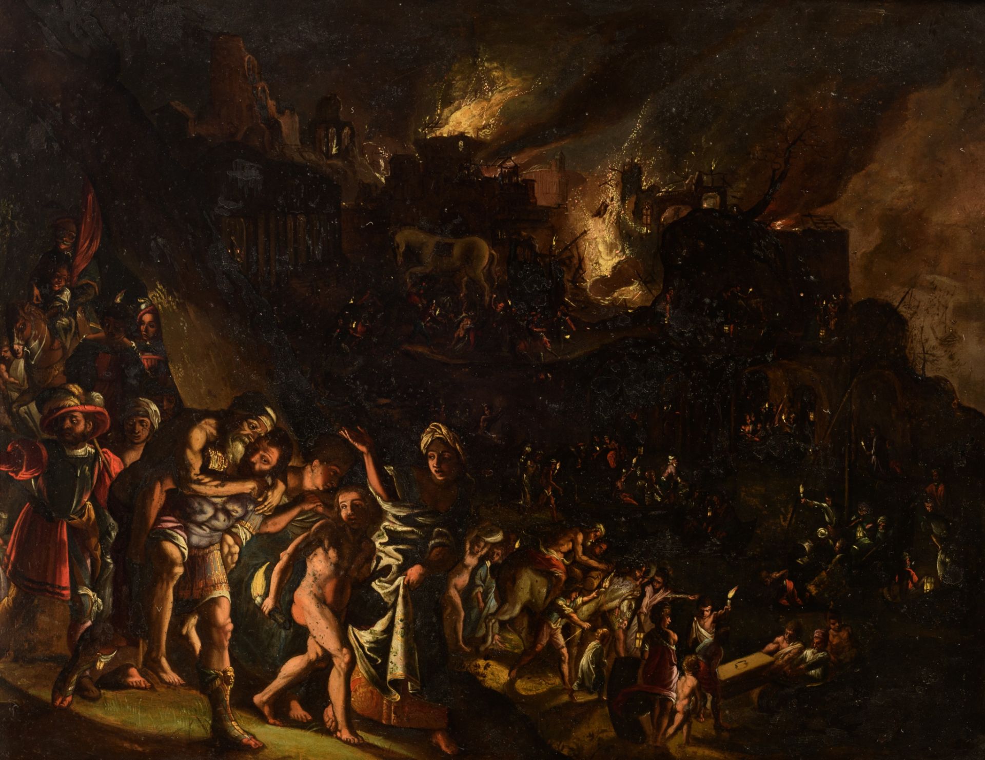 Circle of Pieter Lastman (1583-1633), Aeneas and his family fleeing Troy, oil on copper, 39 x 50 cm