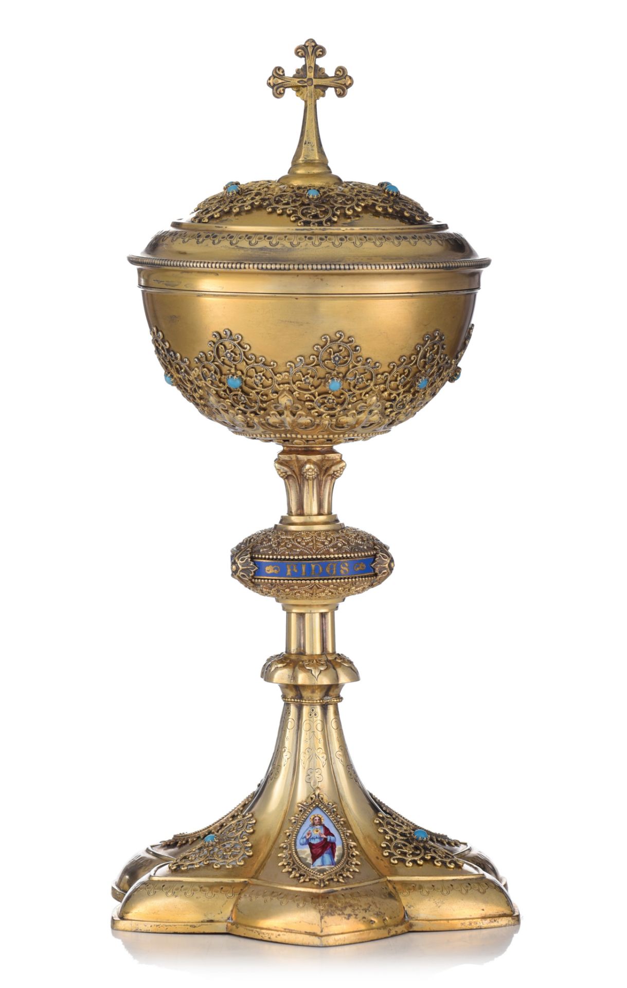 A French export silver and gilt silver chalice decorated with filigree work, H 31 cm - total weight - Image 2 of 24