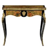 A Baroque style Boulle fold-over games table and matching mirror, H 77 - 79 - W 46 - 92 cm (the tabl