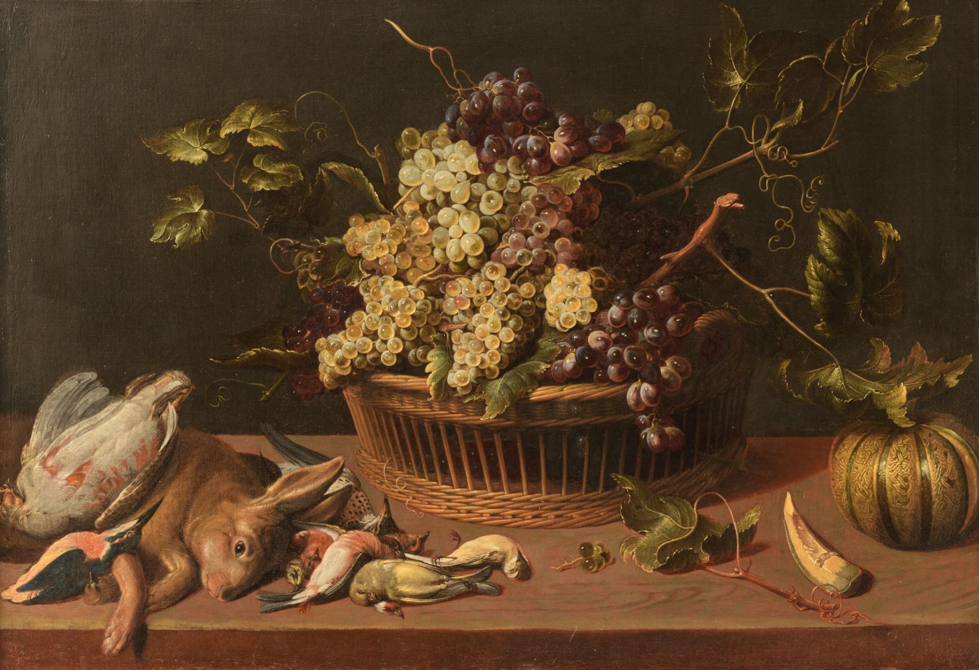 Still life with fruit, birds and a hare, 17th/18thC, oil on canvas, 76 x 110 cm