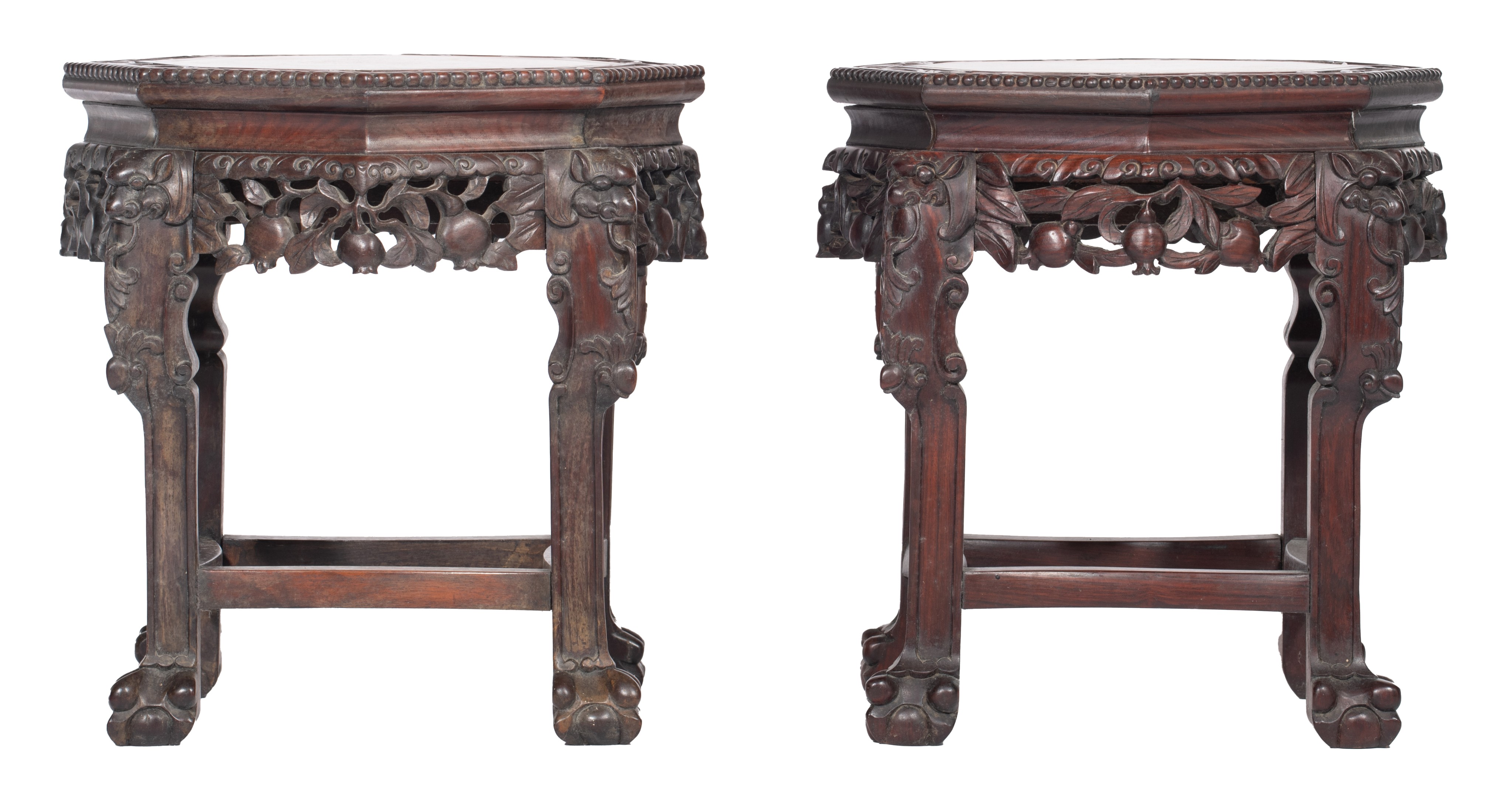 Two Chinese octagonal hardwood bases with a marble plaque, H 47,5 cm - Image 4 of 7