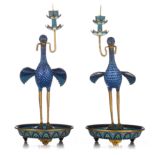 A pair of Chinese cloisonné enamelled bronze 'Crane on tortoise' candlesticks, 20thC, Total H 41,5 c