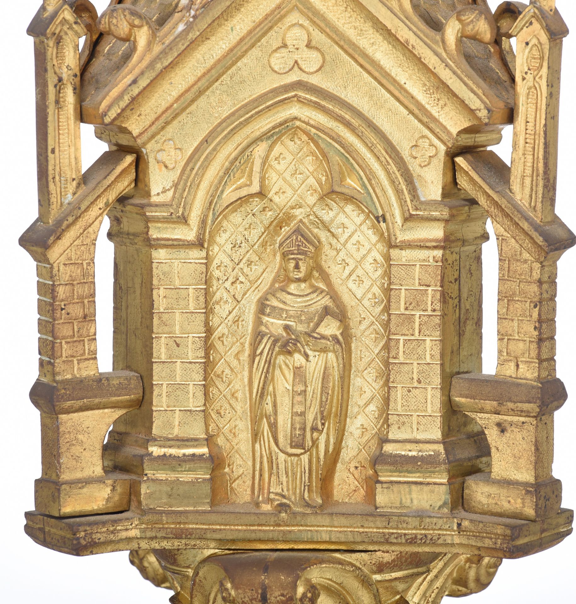 (T) A Gothic Revival gilt metal candleholder, H 112 cm - Bild 8 aus 10