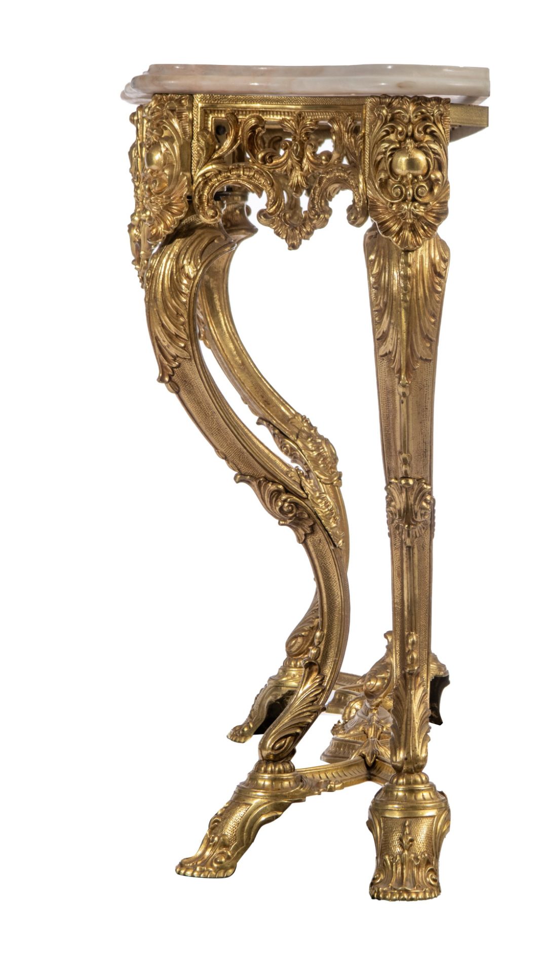 A large Rococo style gilt metal console table and mirror, H 125 - W 110 cm (the mirror) - H 85 - W 1 - Image 4 of 12