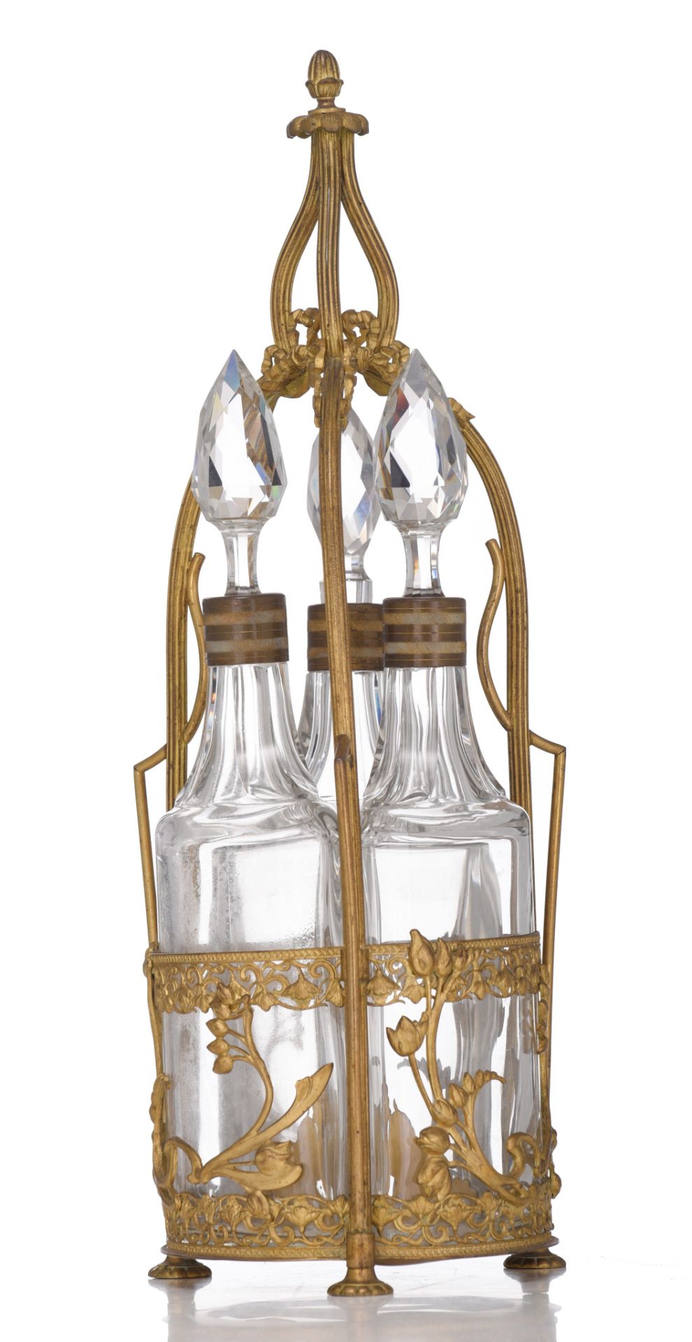 A fine Art Nouveau gilt brass cruet set with three cut glass carafes, H 43,5 cm - Image 3 of 5