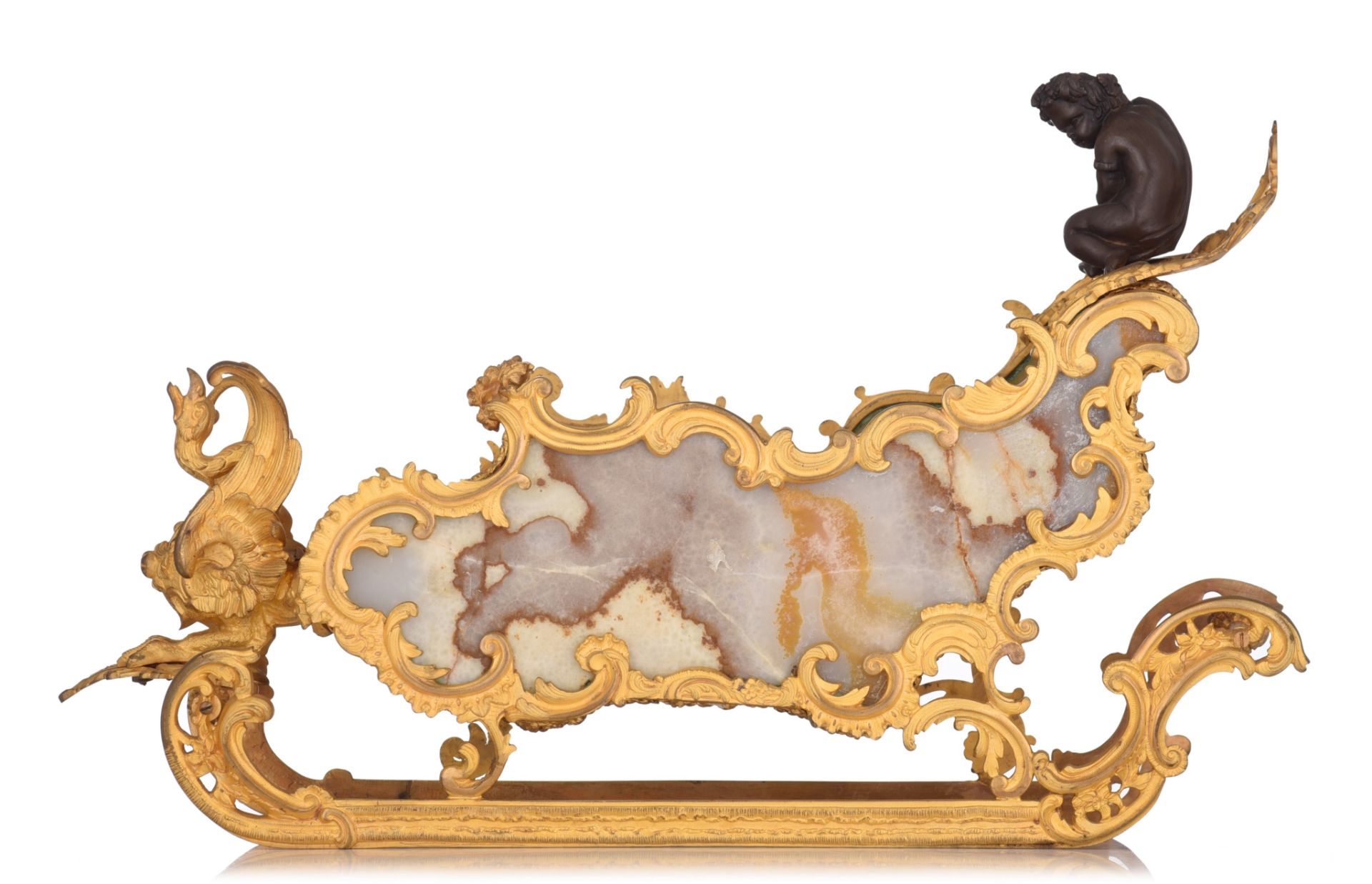 A fine gilt and patinated bronze Russian Rococo style miniature sledge, with onyx plaques, H 31 - W - Image 2 of 9