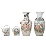 A collection of Qianjiangcai and famille rose vases and teapots, with signed texts, Republic period,