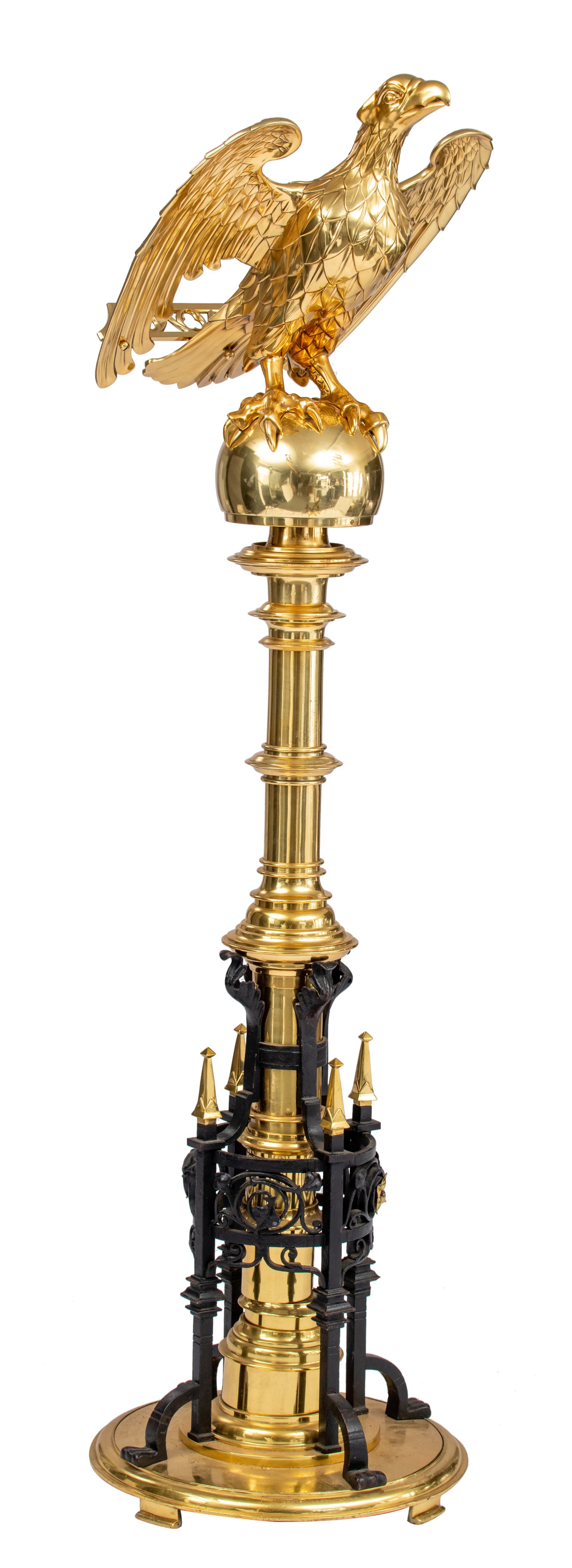 An English Gothic Revival church eagle lectern, brass and wrought iron, second half of the 19thC, H