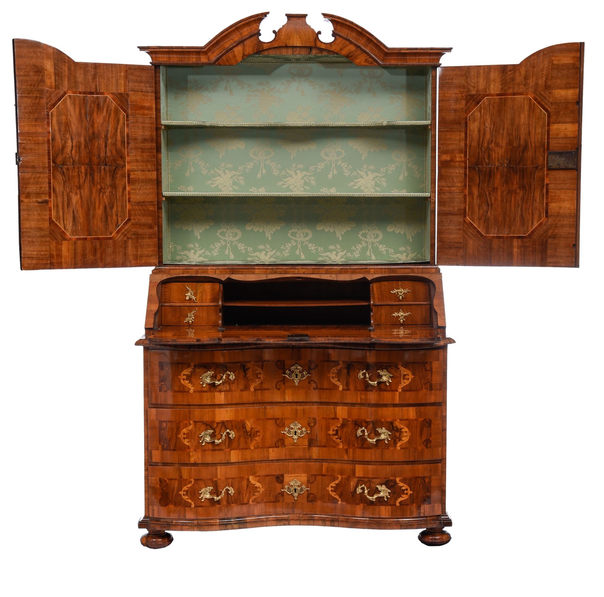 A very fine Rococo walnut bureau cabinet, mid 18thC, H 227 - W 135 - D 71 - 83 cm - Image 6 of 13