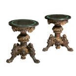 A pair of Renaissance Revival side tables, richly carved walnut with gilt details and marble tops, H