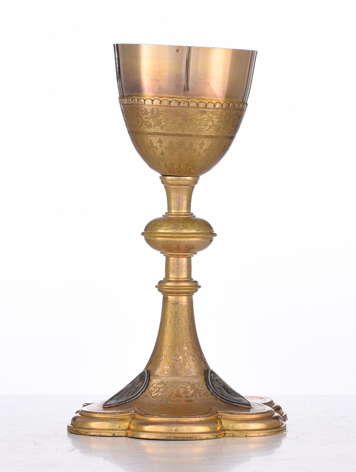 A French export silver and gilt silver chalice decorated with filigree work, H 31 cm - total weight - Image 18 of 24