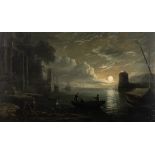 A moonlight marine view with embarking boats near a harbour, oil on panel, 55 x 95 cm