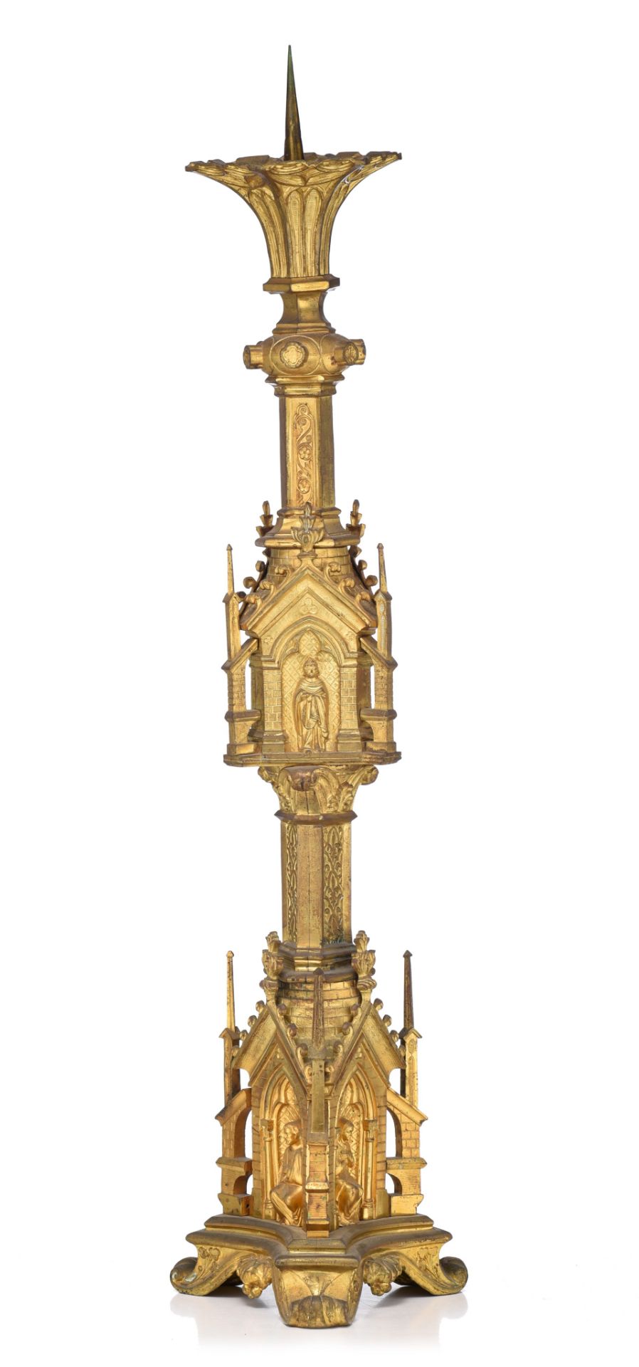 (T) A Gothic Revival gilt metal candleholder, H 112 cm