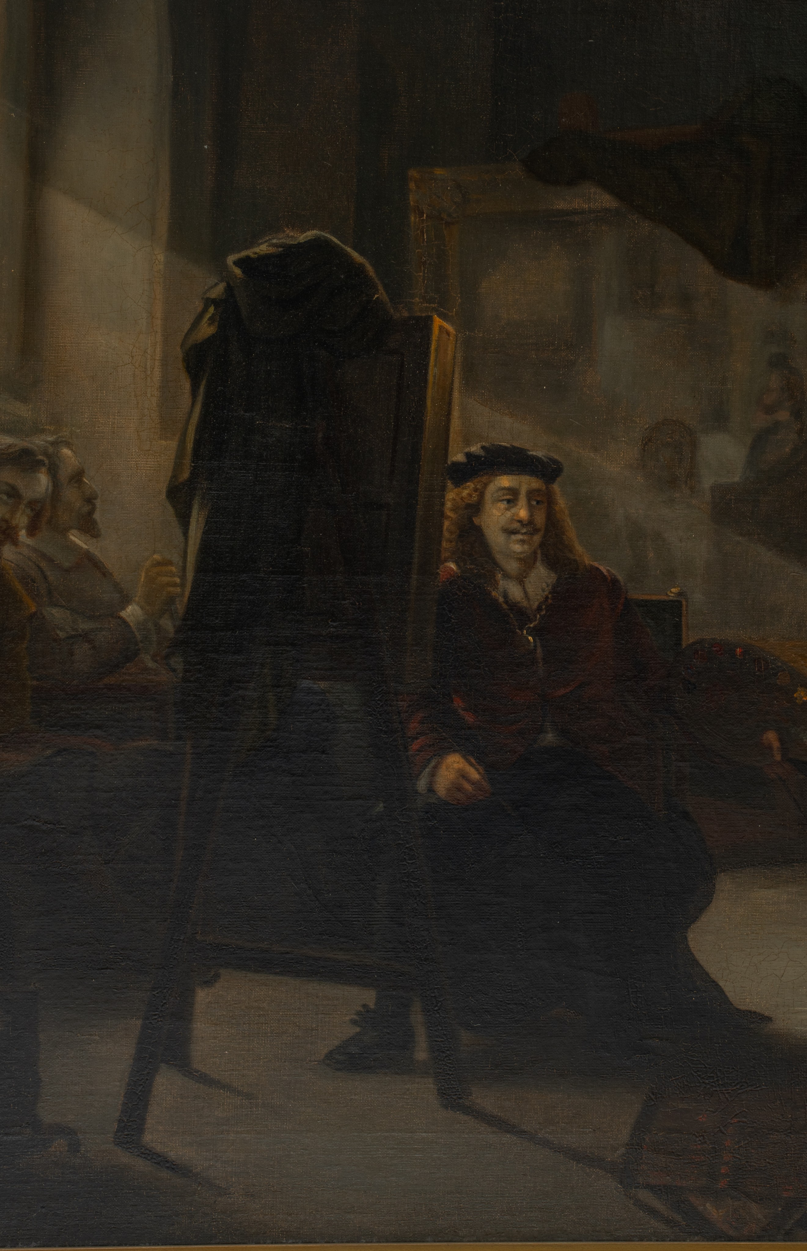 Rembrandt van Rijn creating another masterpiece in his workshop, 19thC, oil on canvas, 84 x 145 cm - Image 5 of 6