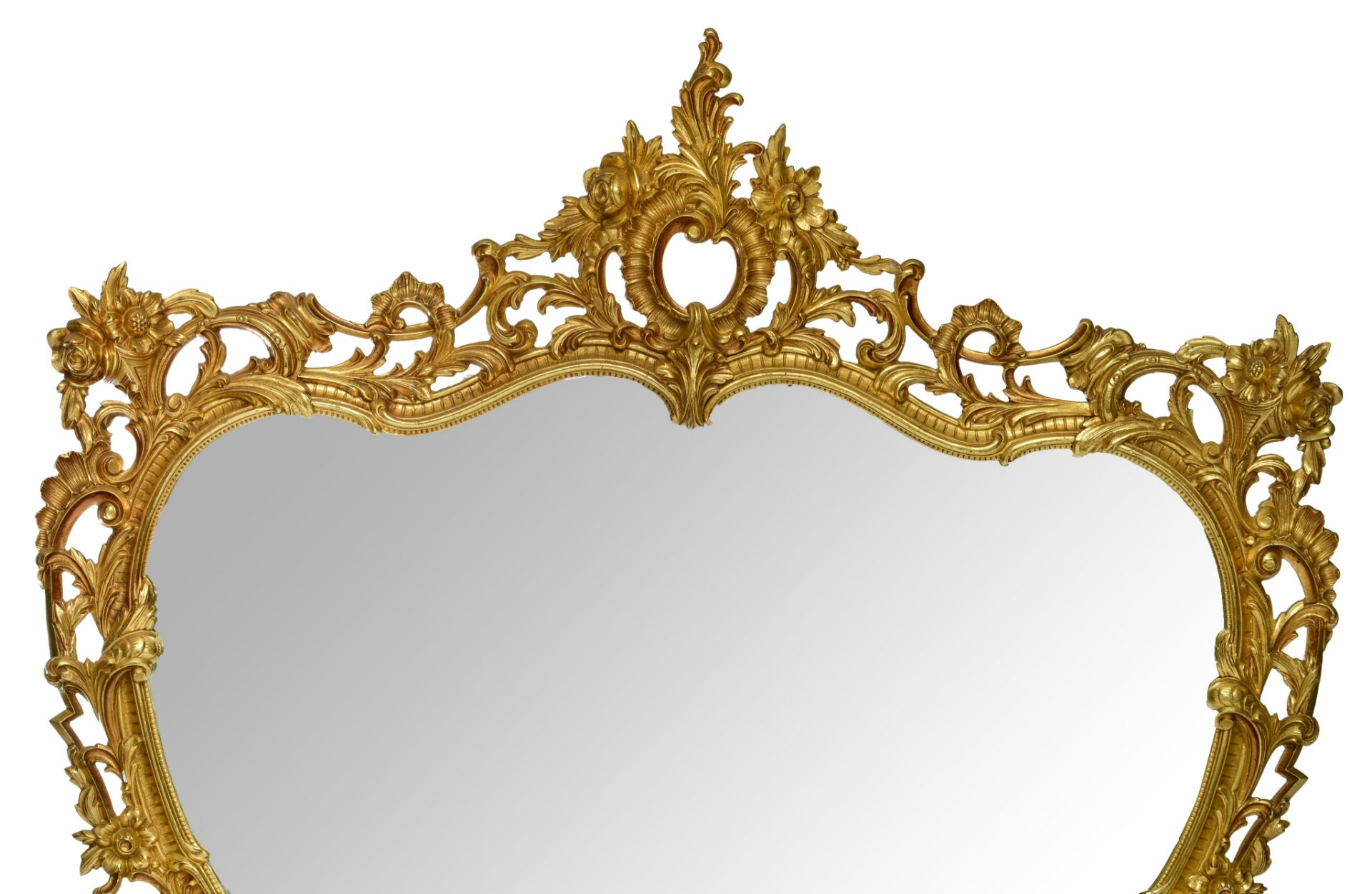 A large Rococo style gilt metal console table and mirror, H 125 - W 110 cm (the mirror) - H 85 - W 1 - Image 11 of 12
