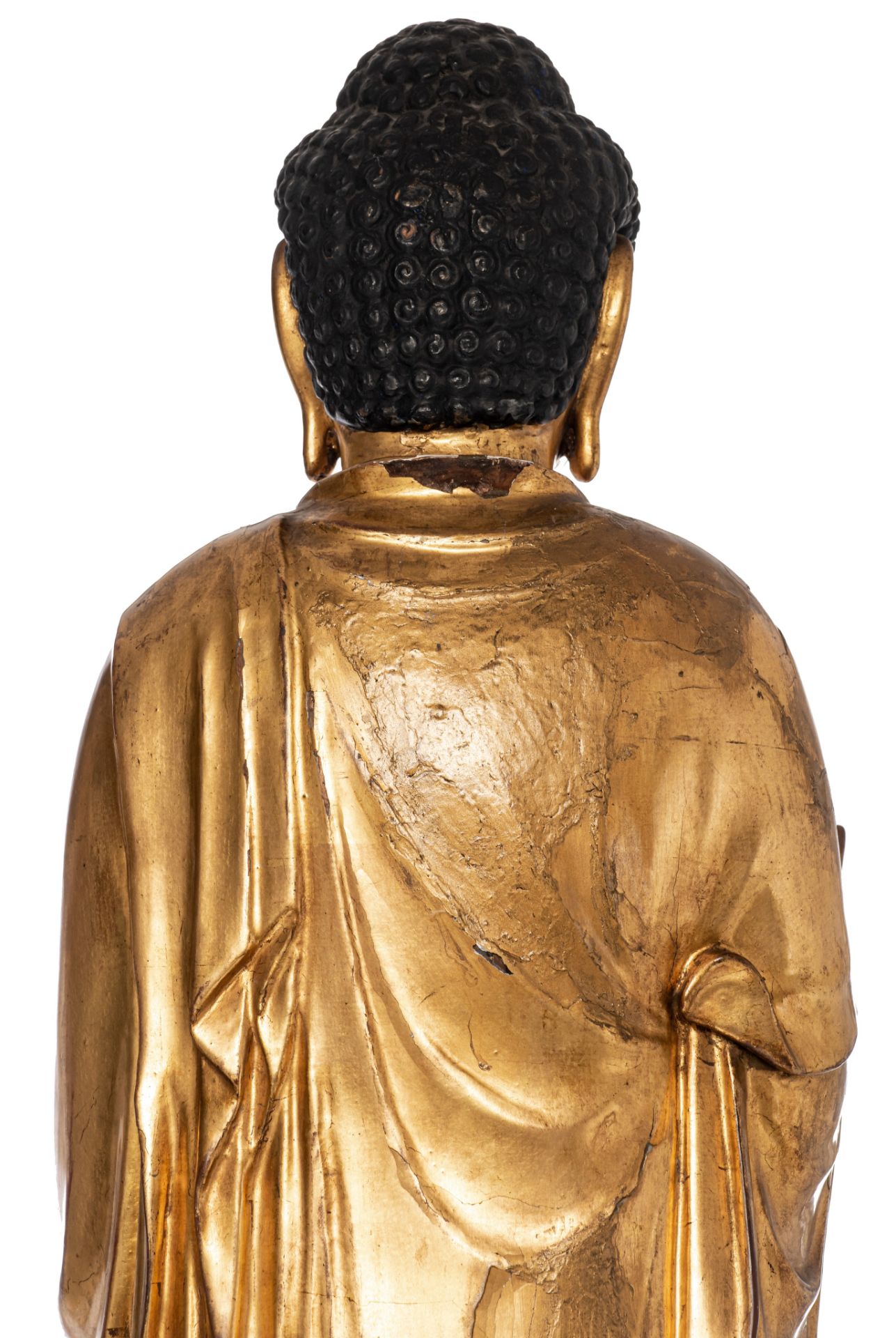 A Japanese gilt-wood standing figure of Amitabha Buddha, on a finely carved lotus base, Edo period, - Image 13 of 21