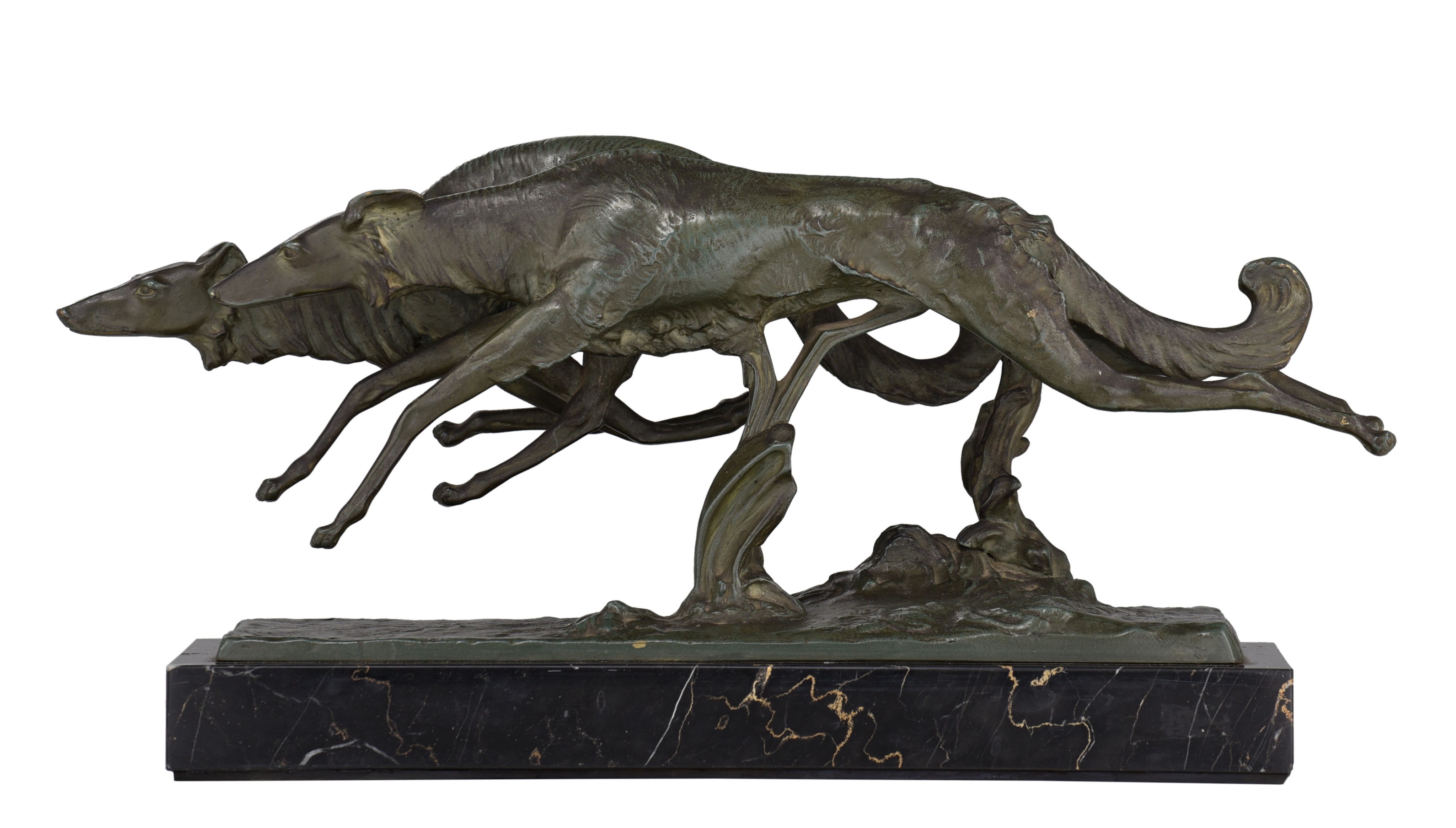 Indistinctly signed, racing greyhounds, green patinated bronze on a marble base, H19,5 cm - W 34 cm