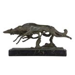 Indistinctly signed, racing greyhounds, green patinated bronze on a marble base, H19,5 cm - W 34 cm