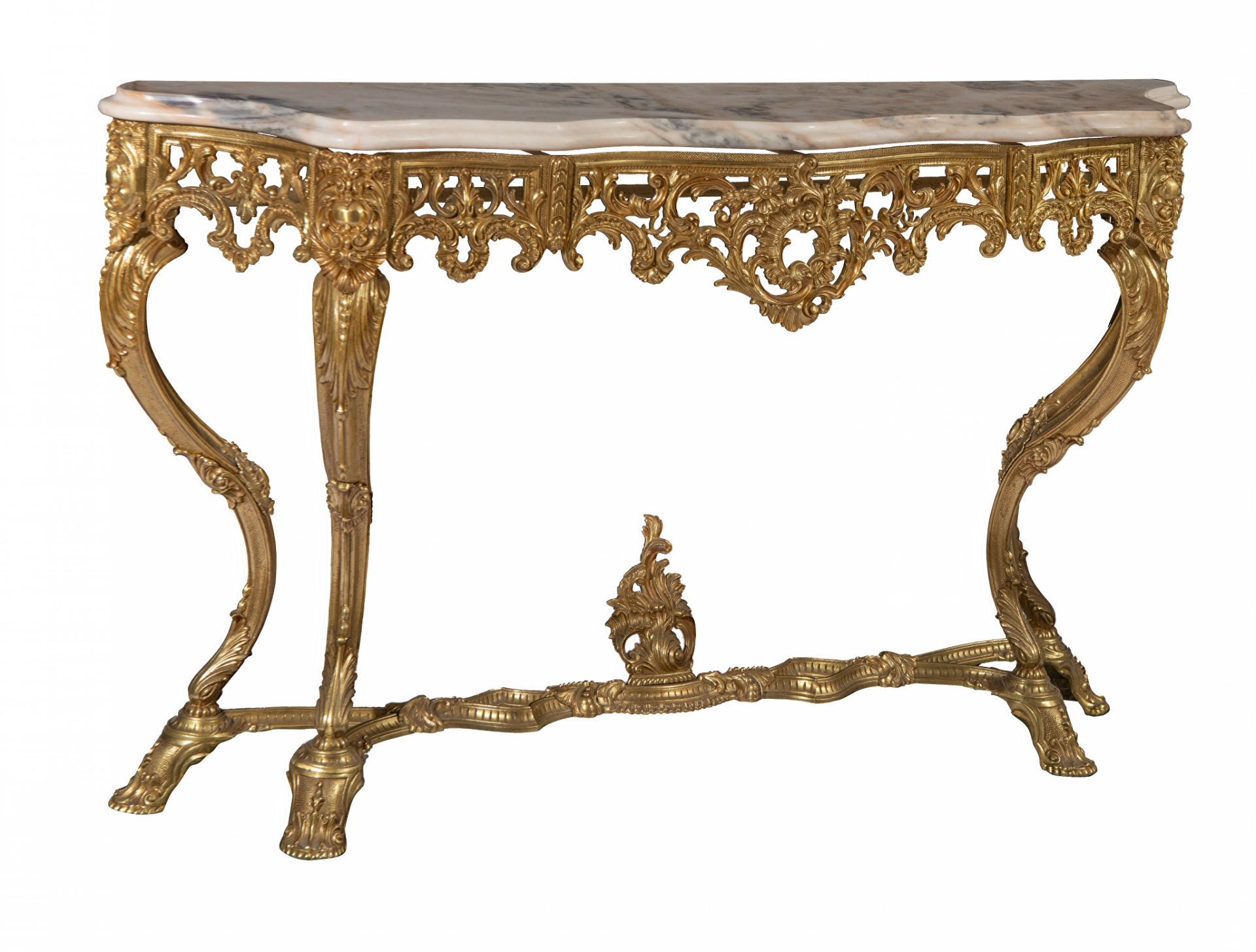 A large Rococo style gilt metal console table and mirror, H 125 - W 110 cm (the mirror) - H 85 - W 1 - Image 2 of 12