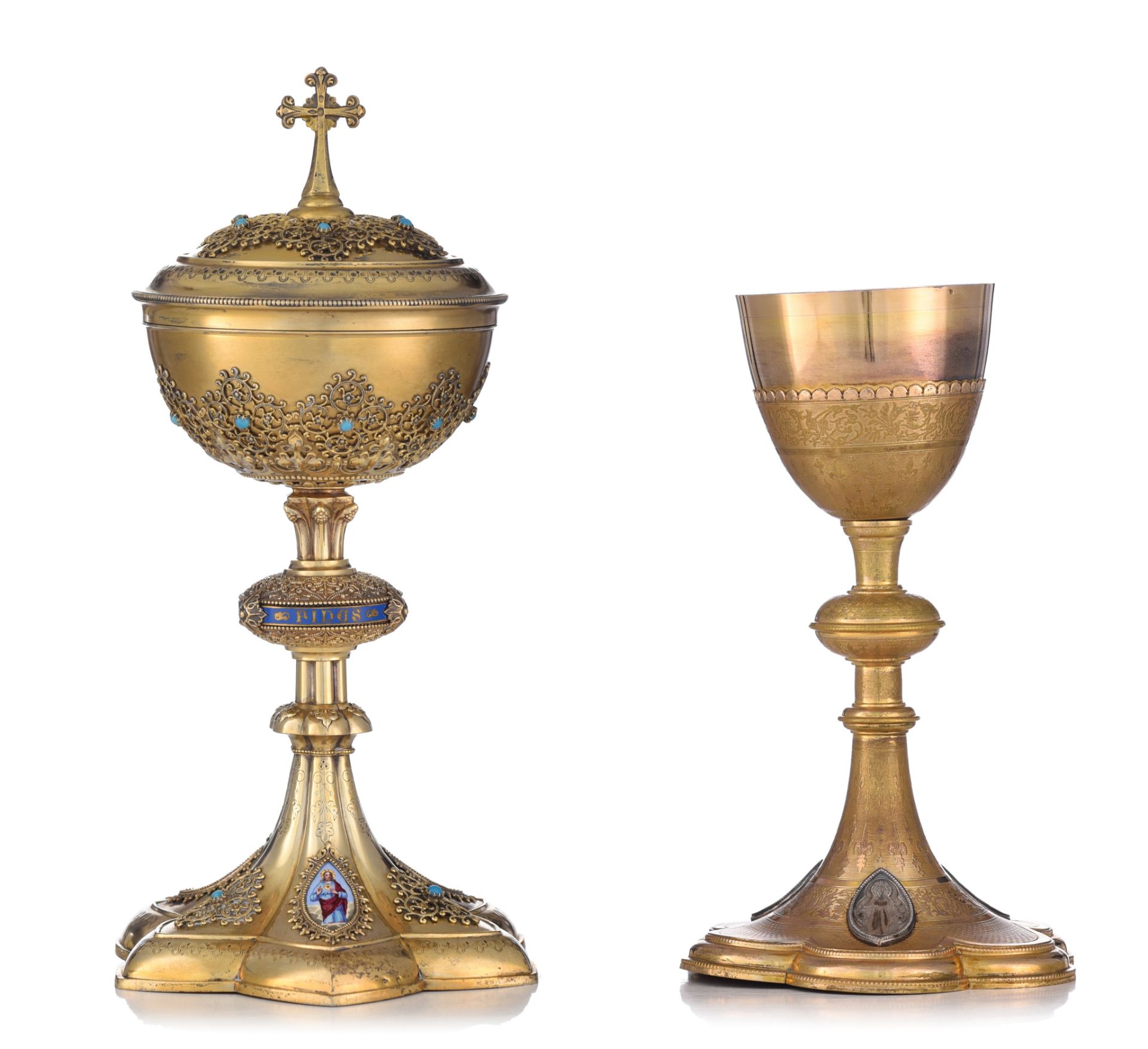 A French export silver and gilt silver chalice decorated with filigree work, H 31 cm - total weight