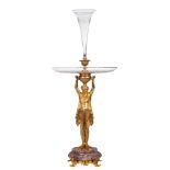 An imposing Empire style gilt bronze and glass figural centrepiece, H 136 cm