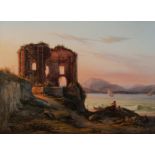 A. De Laguy, an Italian landscape with sunset and Antique ruins, oil on canvas, 60 x 82 cm